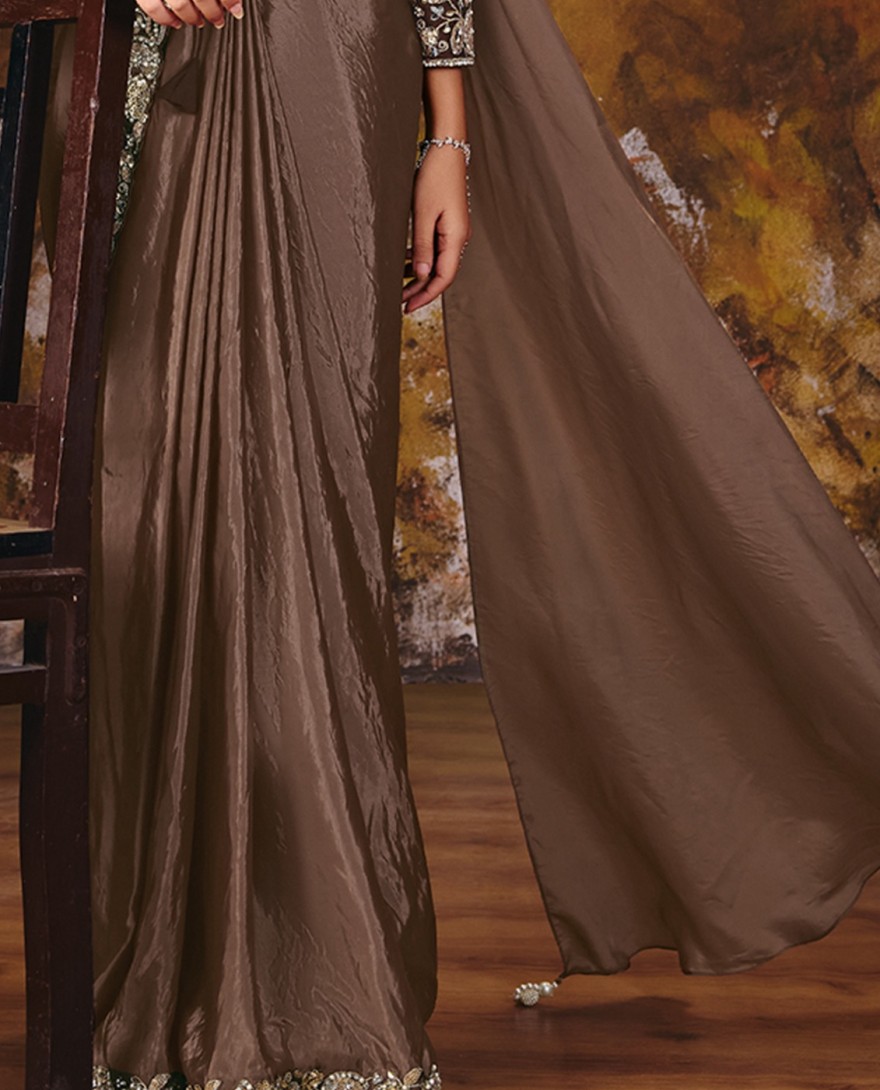 27107 - Coffee Brown Embroidered Wedding Party Designer Saree